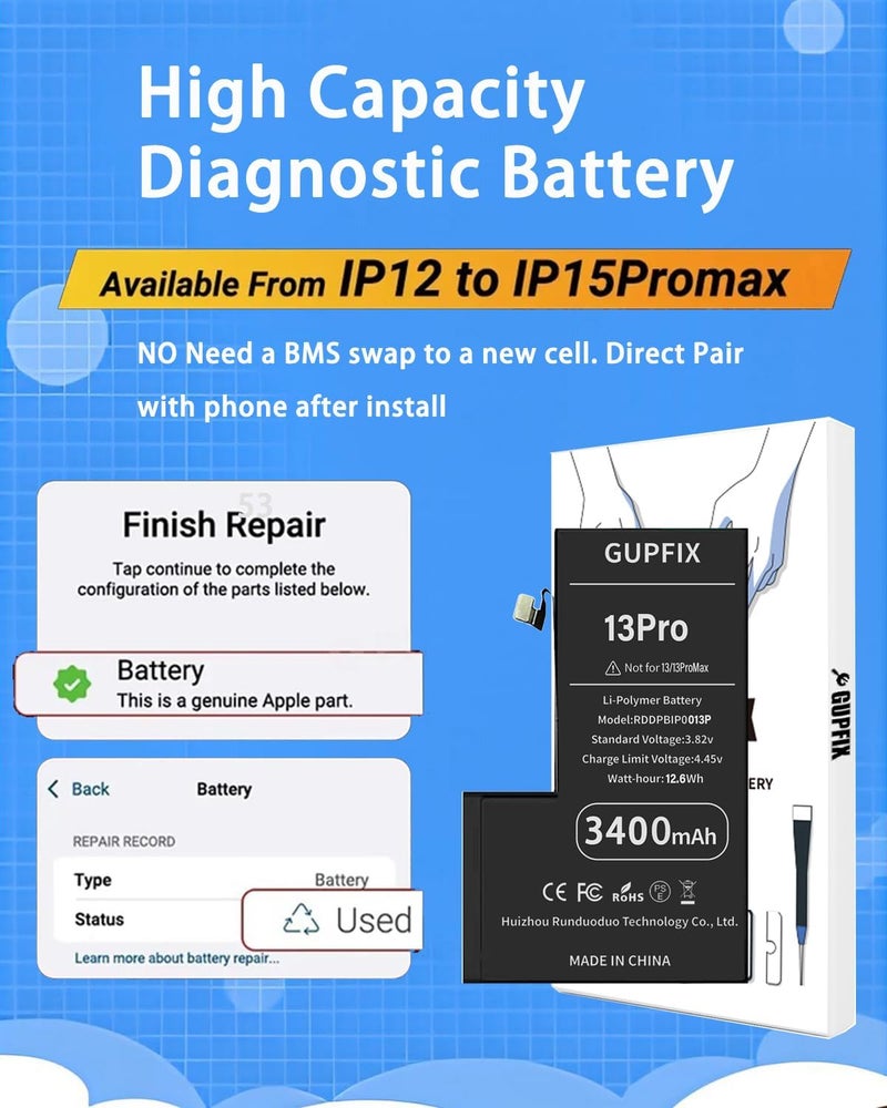 GUPFIX Diagnostic Battery for iPhone 13Pro No Pop-up Unknown Part Warning, 3400mAh High Capacity Li-Polymer Rechargeable Battery Replacement for iPhone 13Pro with Full Tool Kit - Image 3